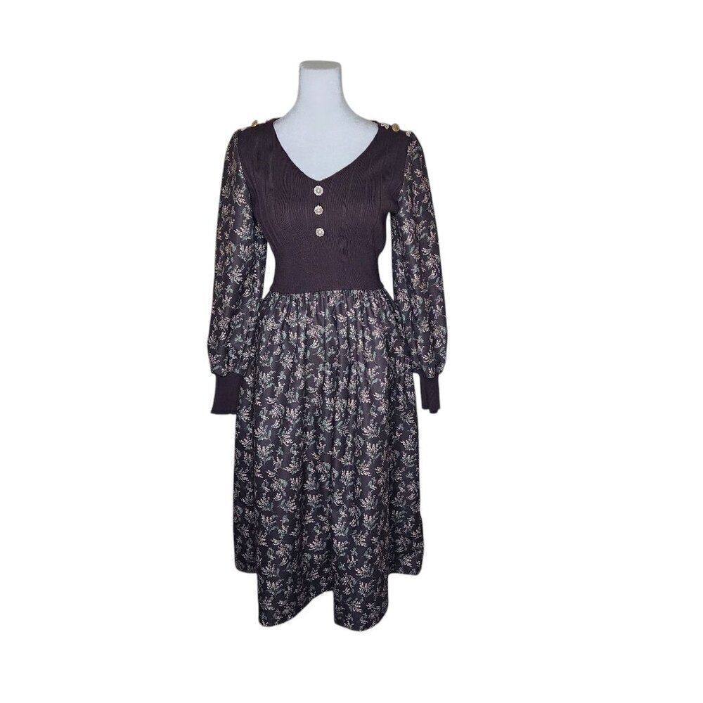 Retro 70s Long Sleeve Dress Womens Size M Brown Cottage Prairie Core